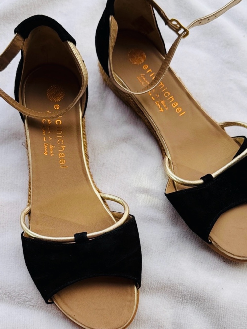 Eric Michael Black and Gold Ankle Strap Sandals, size 8.5